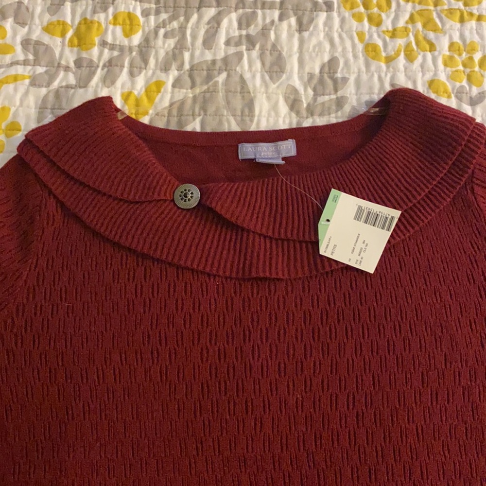 Laura Scott Petite Large scoop neck lite three-quarter sleeve sweater. Maroon. - Picture 2 of 3